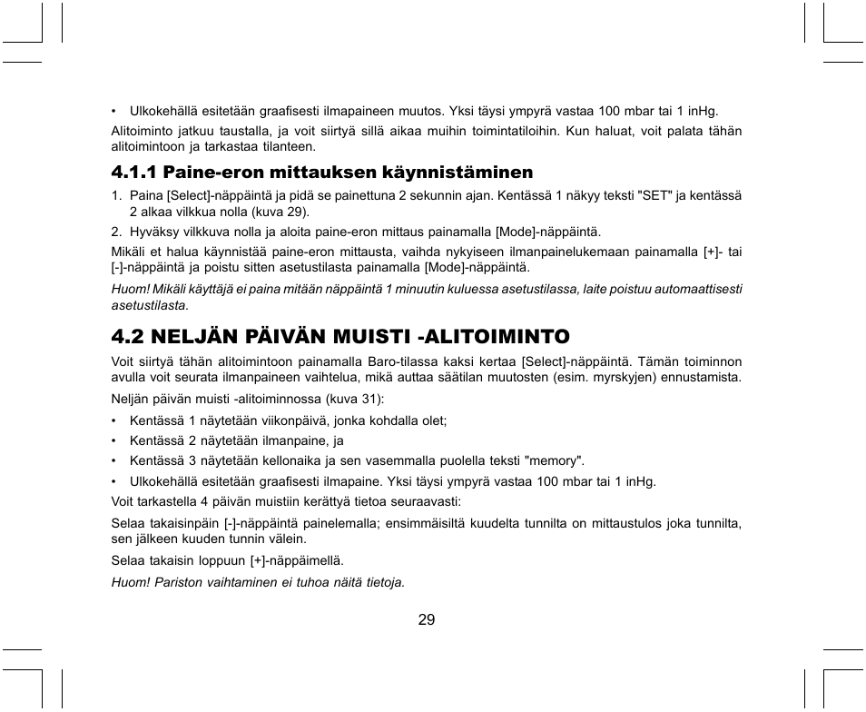 2 neljän päivän muisti -alitoiminto, 1 paine-eron mittauksen käynnistäminen | SUUNTO X-Lander User Manual | Page 313 / 380