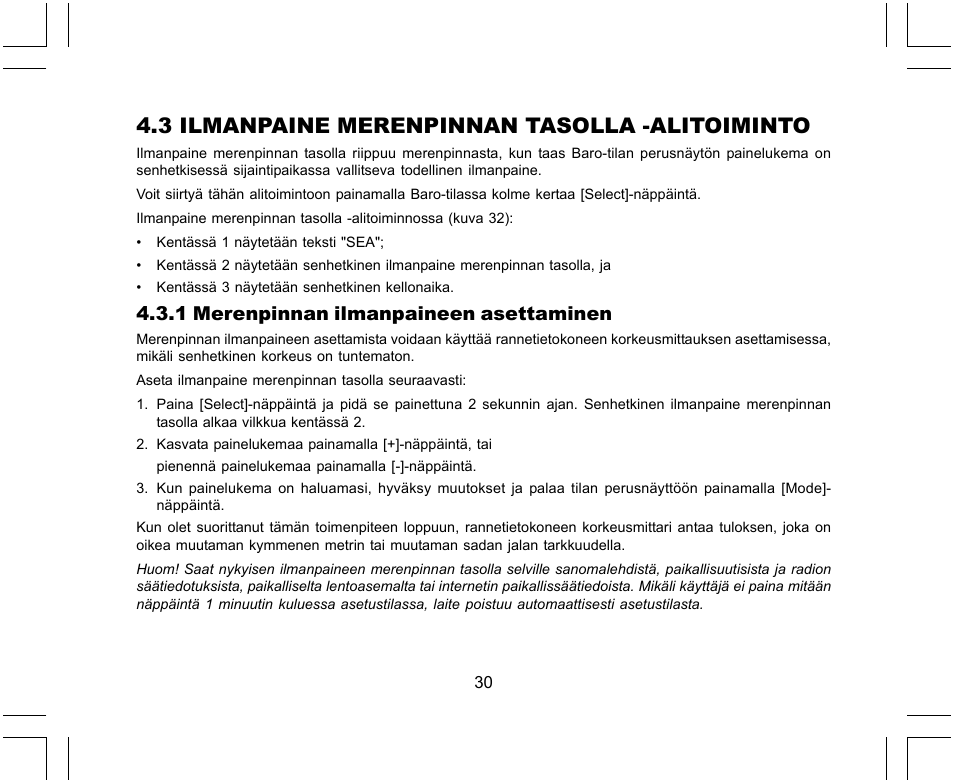 3 ilmanpaine merenpinnan tasolla -alitoiminto, 1 merenpinnan ilmanpaineen asettaminen | SUUNTO X-Lander User Manual | Page 314 / 380