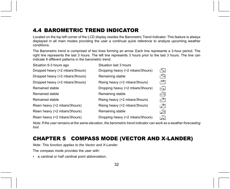 4 barometric trend indicator, Chapter 5 compass mode (vector and x-lander) | SUUNTO X-Lander User Manual | Page 32 / 380