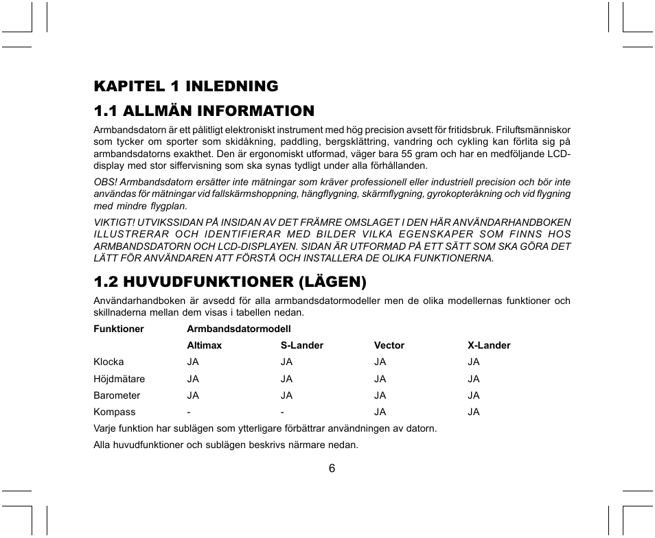 Kapitel 1 inledning 1.1 allmän information, 2 huvudfunktioner (lägen) | SUUNTO X-Lander User Manual | Page 336 / 380