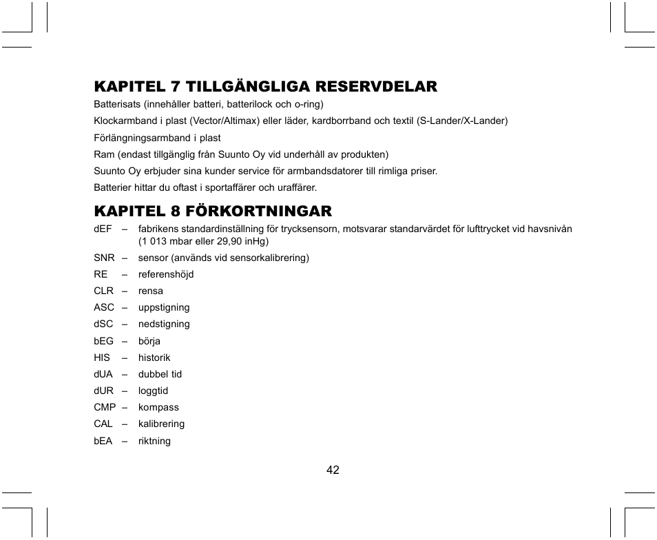 Kapitel 7 tillgängliga reservdelar, Kapitel 8 förkortningar | SUUNTO X-Lander User Manual | Page 372 / 380