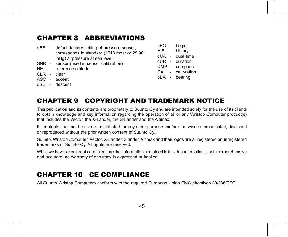 Chapter 8 abbreviations, Chapter 9 copyright and trademark notice, Chapter 10 ce compliance | SUUNTO X-Lander User Manual | Page 45 / 380