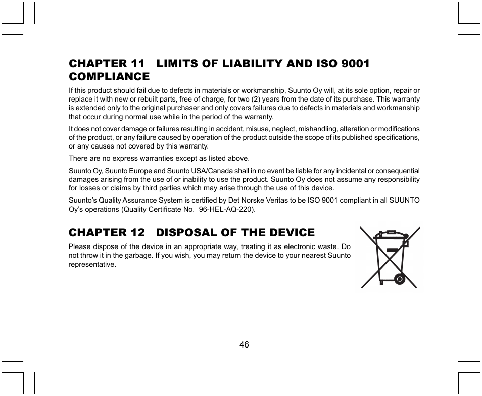 Chapter 12 disposal of the device | SUUNTO X-Lander User Manual | Page 46 / 380