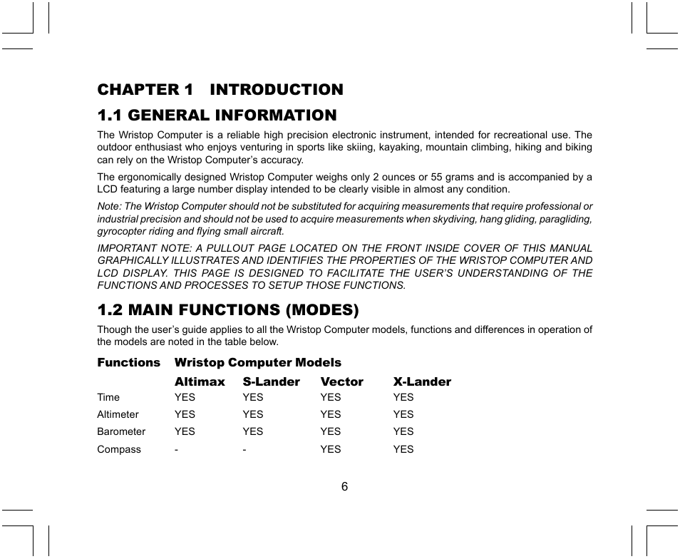 Chapter 1 introduction 1.1 general information, 2 main functions (modes) | SUUNTO X-Lander User Manual | Page 6 / 380