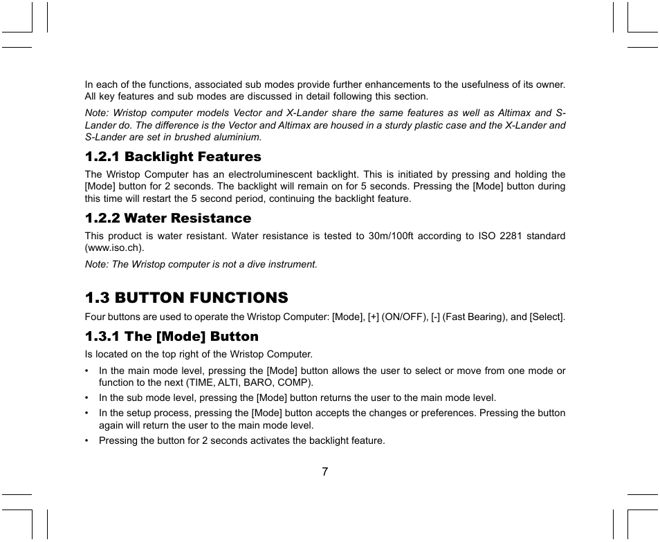 3 button functions, 1 backlight features, 2 water resistance | 1 the [mode] button | SUUNTO X-Lander User Manual | Page 7 / 380