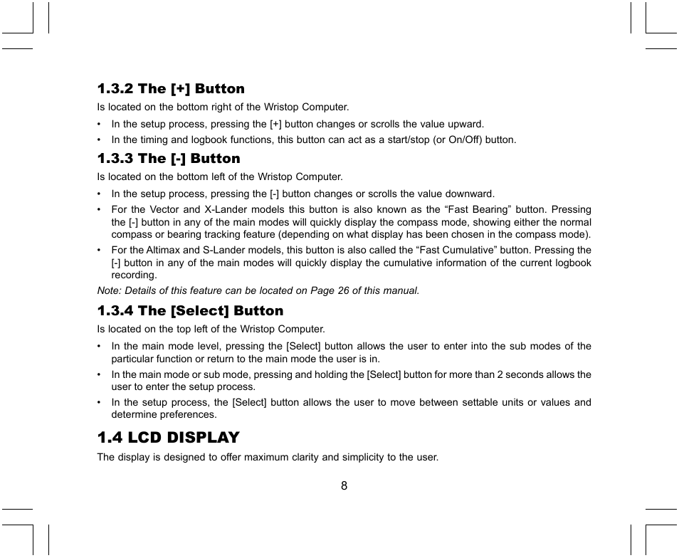 4 lcd display, 2 the [+] button, 3 the [-] button | 4 the [select] button | SUUNTO X-Lander User Manual | Page 8 / 380