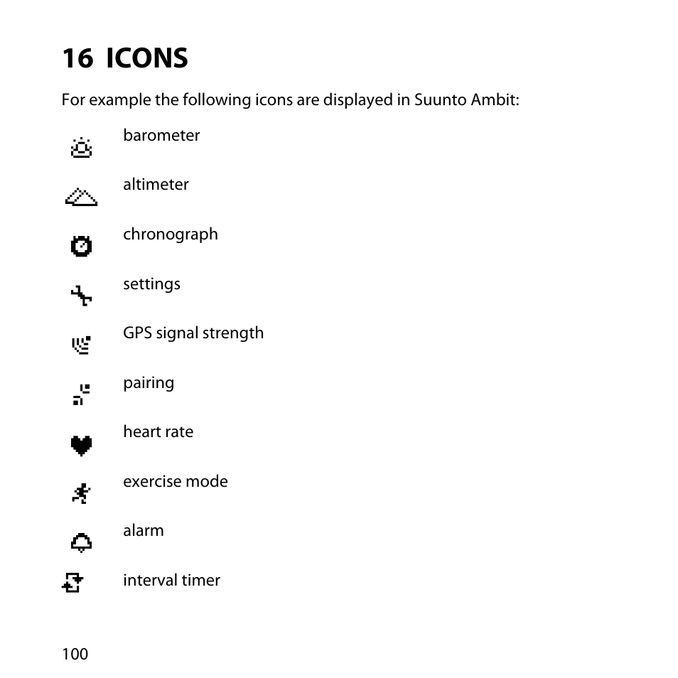 16 icons | SUUNTO AMBIT User Manual | Page 100 / 120