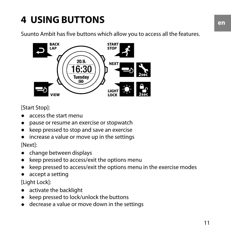 4 using buttons | SUUNTO AMBIT User Manual | Page 11 / 120