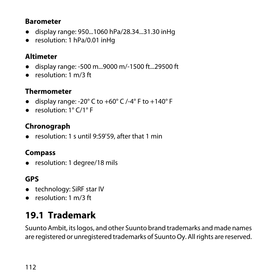 1 trademark, Barometer, 112 altimeter | 112 thermometer, 112 chronograph, 112 compass, 112 gps, 112 19.1 trademark | SUUNTO AMBIT User Manual | Page 112 / 120