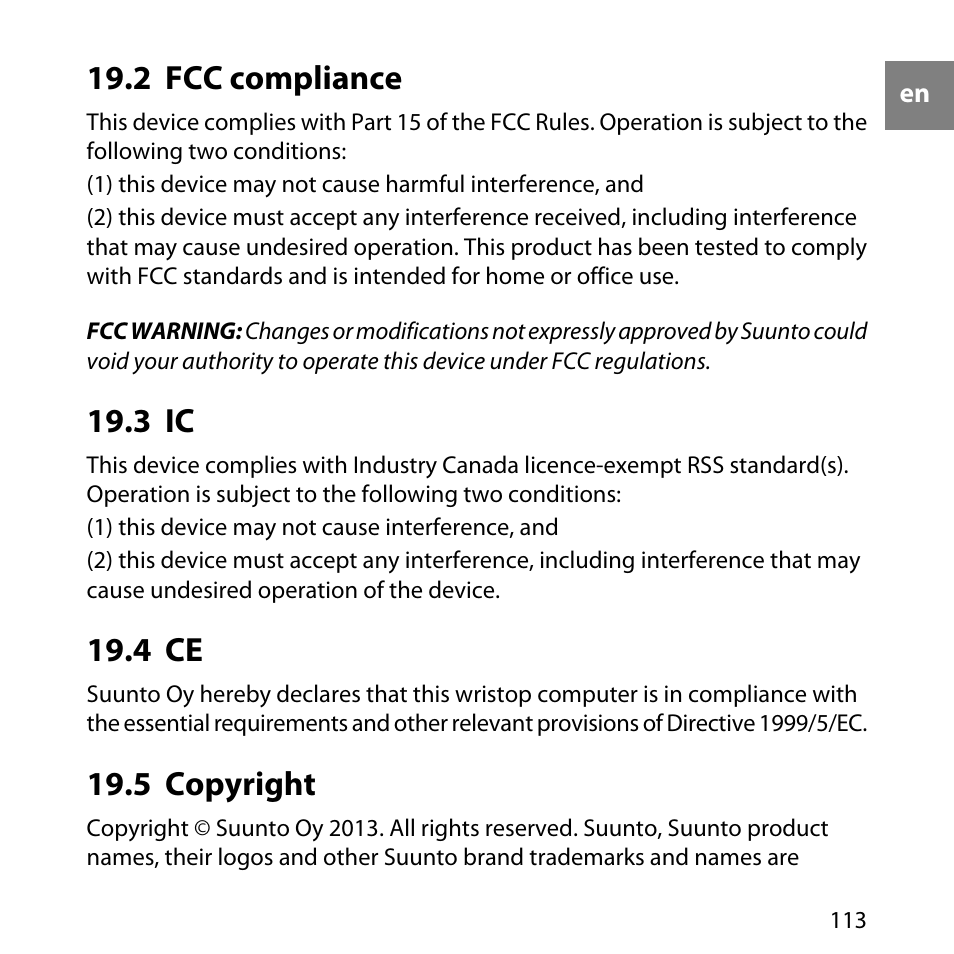 2 fcc compliance, 3 ic, 4 ce | 5 copyright, 113 19.3 ic, 113 19.4 ce, 113 19.5 copyright | SUUNTO AMBIT User Manual | Page 113 / 120