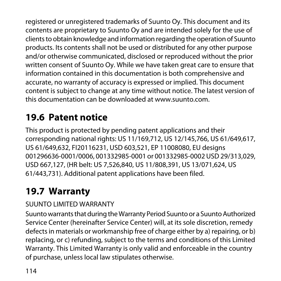 6 patent notice, 7 warranty, 114 19.7 warranty | SUUNTO AMBIT User Manual | Page 114 / 120