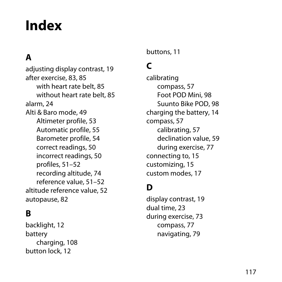 Index | SUUNTO AMBIT User Manual | Page 117 / 120