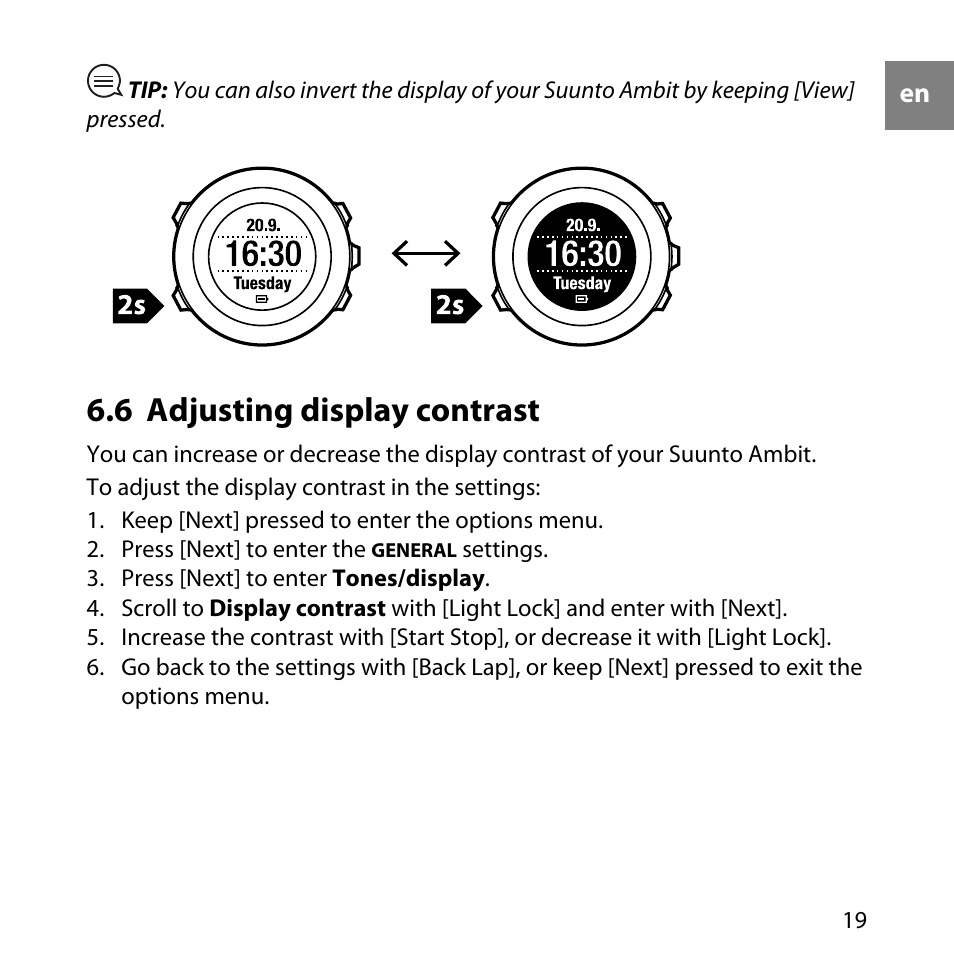 6 adjusting display contrast | SUUNTO AMBIT User Manual | Page 19 / 120