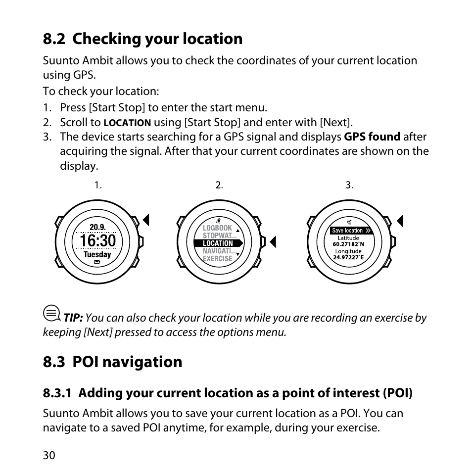 2 checking your location, 3 poi navigation, 30 8.3 poi navigation | SUUNTO AMBIT User Manual | Page 30 / 120