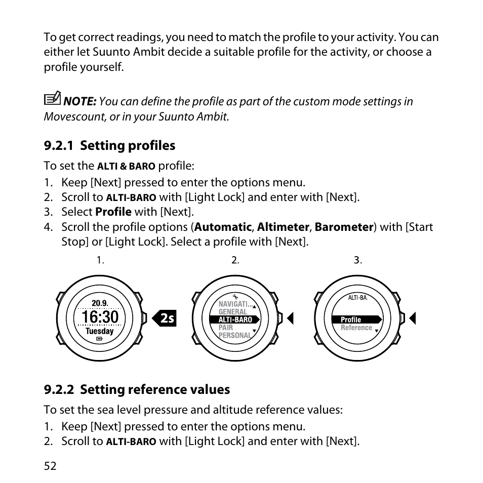 1 setting profiles, 2 setting reference values, 52 9.2.2 setting reference values | SUUNTO AMBIT User Manual | Page 52 / 120