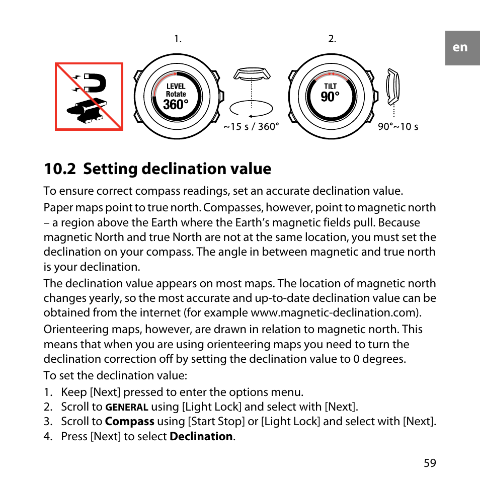 2 setting declination value | SUUNTO AMBIT User Manual | Page 59 / 120