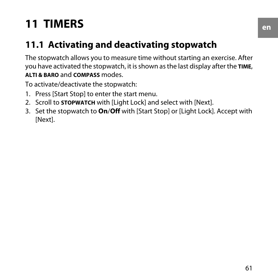 11 timers, 1 activating and deactivating stopwatch | SUUNTO AMBIT User Manual | Page 61 / 120