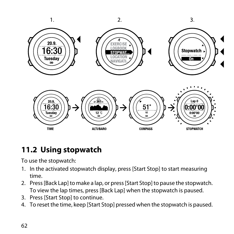2 using stopwatch | SUUNTO AMBIT User Manual | Page 62 / 120