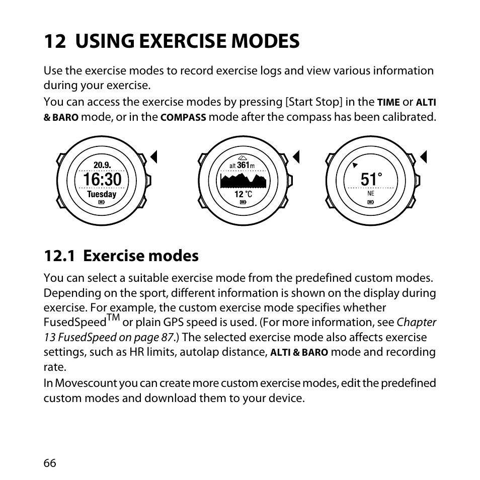 12 using exercise modes, 1 exercise modes | SUUNTO AMBIT User Manual | Page 66 / 120