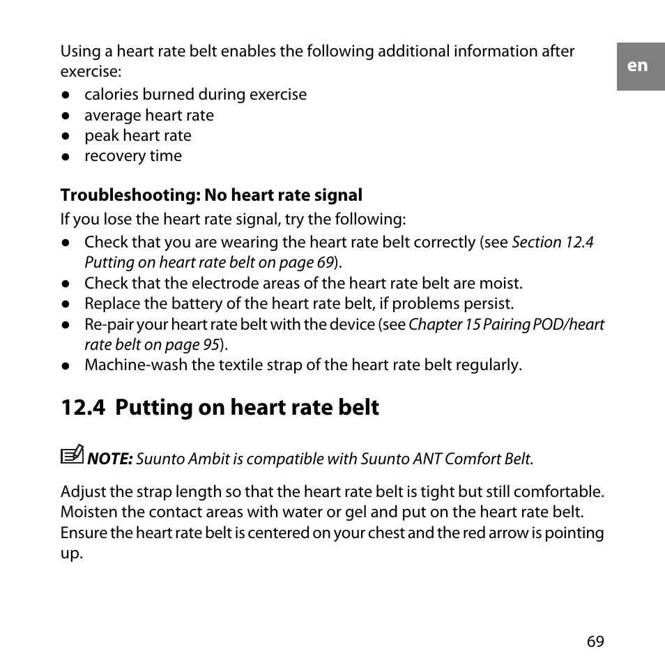 4 putting on heart rate belt | SUUNTO AMBIT User Manual | Page 69 / 120