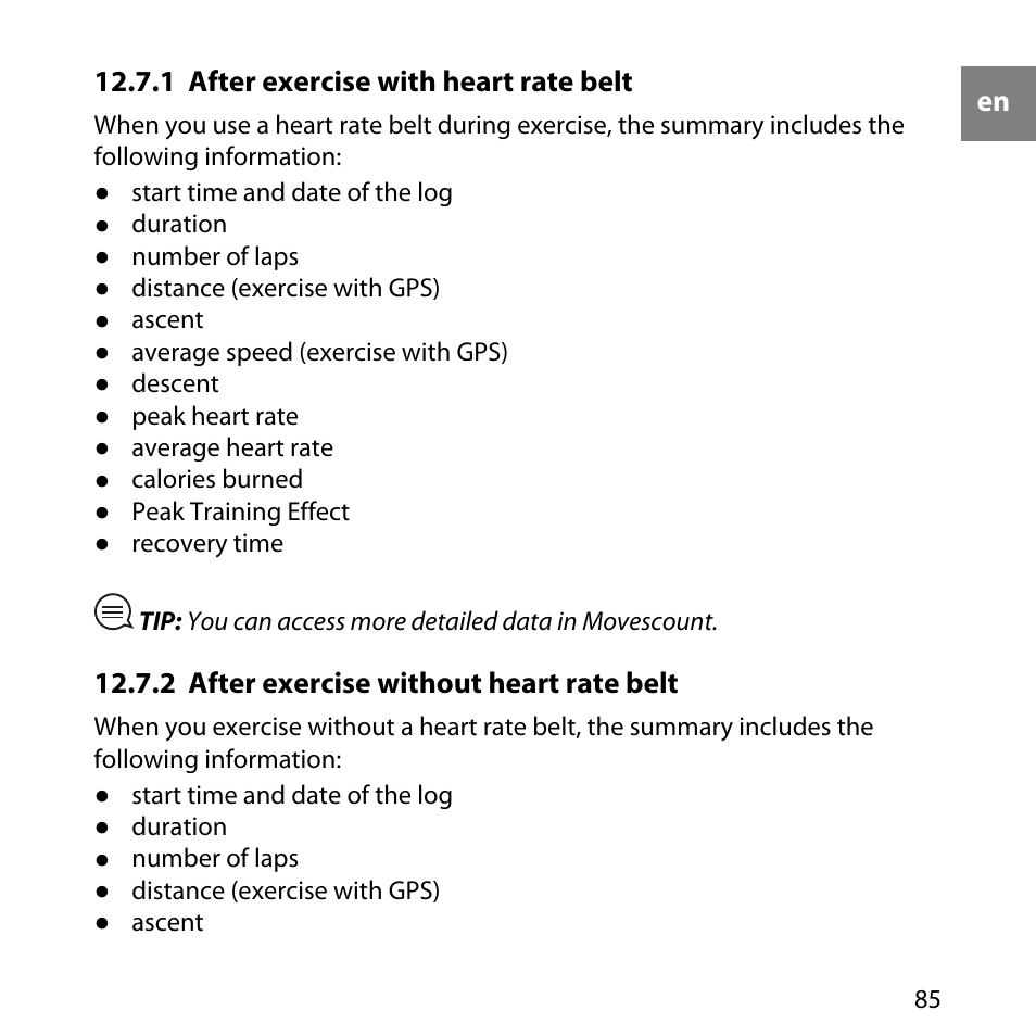 1 after exercise with heart rate belt, 2 after exercise without heart rate belt, 85 12.7.2 after exercise without heart rate belt | SUUNTO AMBIT User Manual | Page 85 / 120