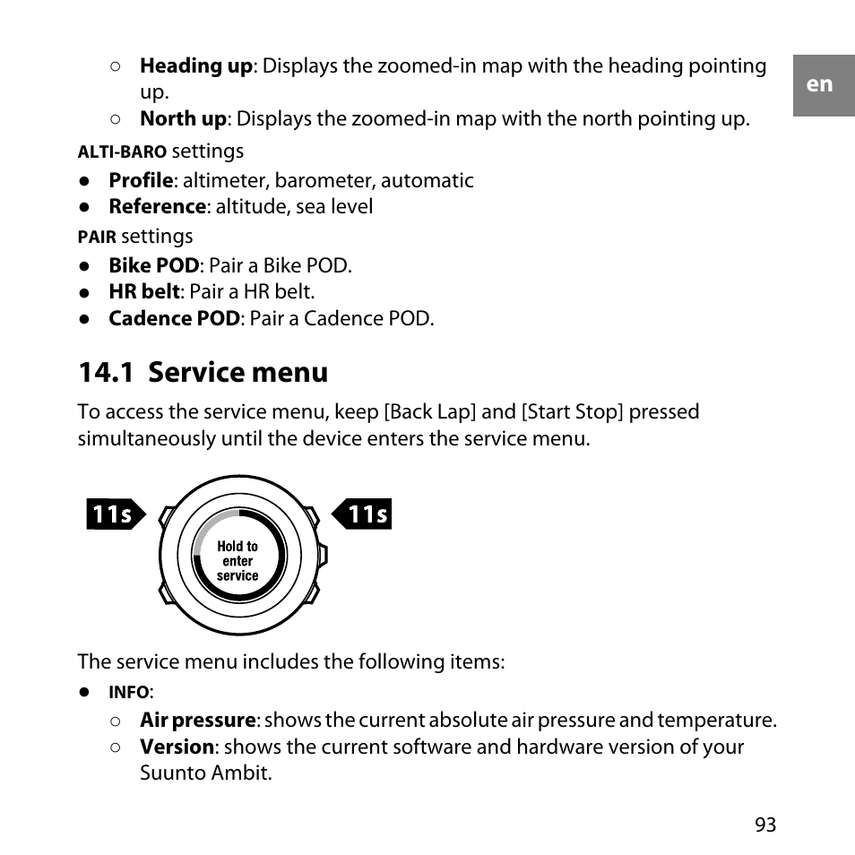 1 service menu | SUUNTO AMBIT User Manual | Page 93 / 120