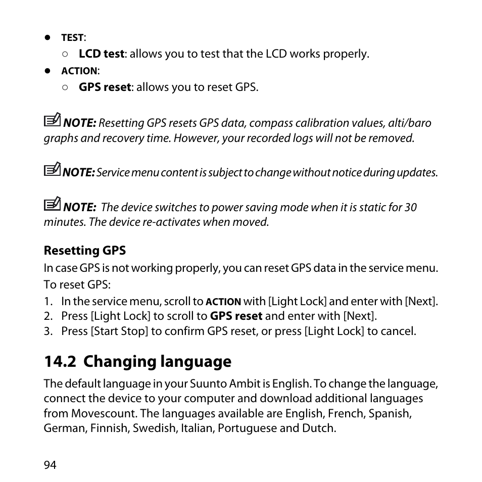 2 changing language | SUUNTO AMBIT User Manual | Page 94 / 120