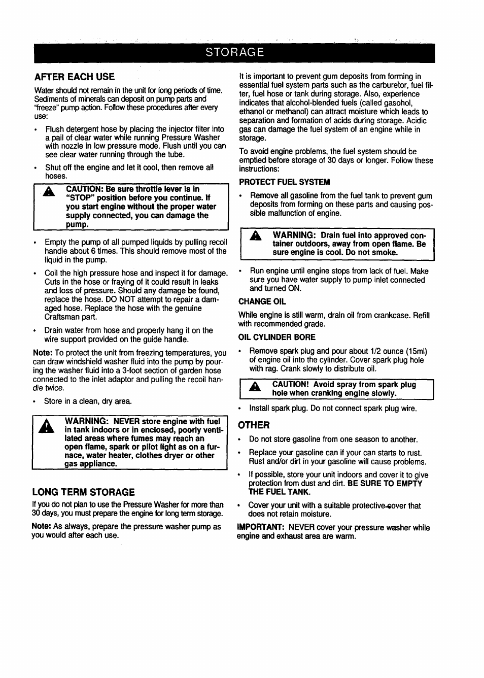 After each use, Long term storage, Other | Storage | Craftsman 580.762250 User Manual | Page 15 / 16