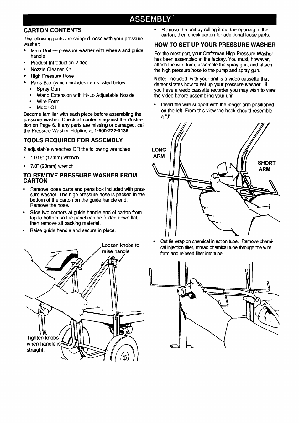 Assembly, Carton contents, Tools required for assembly | To remove pressure washer from carton, How to set up your pressure washer | Craftsman 580.762250 User Manual | Page 4 / 16