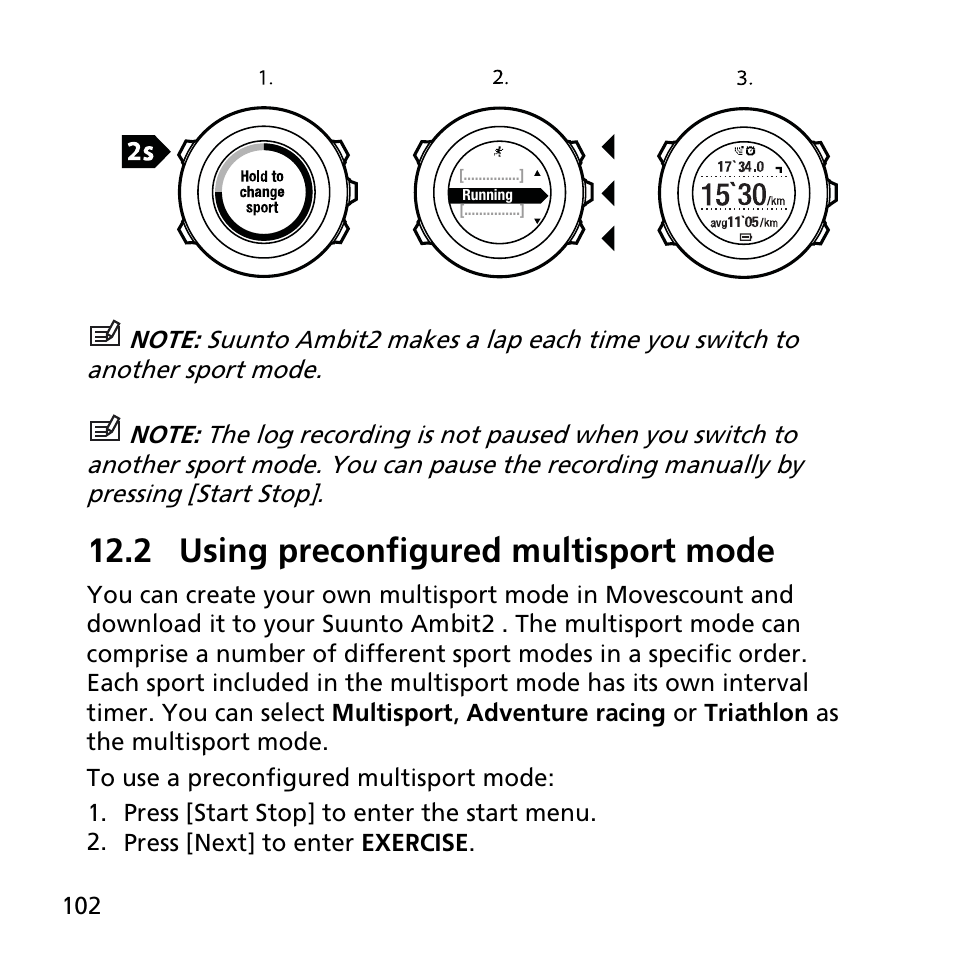 2 using preconfigured multisport mode | SUUNTO AMBIT2 R User Guide User Manual | Page 102 / 145