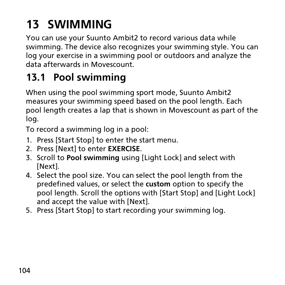 13 swimming, 1 pool swimming | SUUNTO AMBIT2 R User Guide User Manual | Page 104 / 145