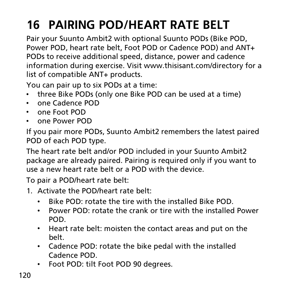 16 pairing pod/heart rate belt | SUUNTO AMBIT2 R User Guide User Manual | Page 120 / 145