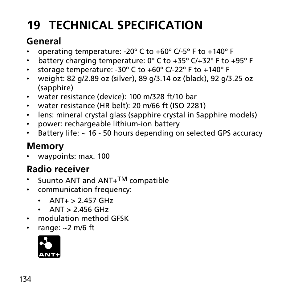 19 technical specification, General, Radio receiver | SUUNTO AMBIT2 R User Guide User Manual | Page 134 / 145