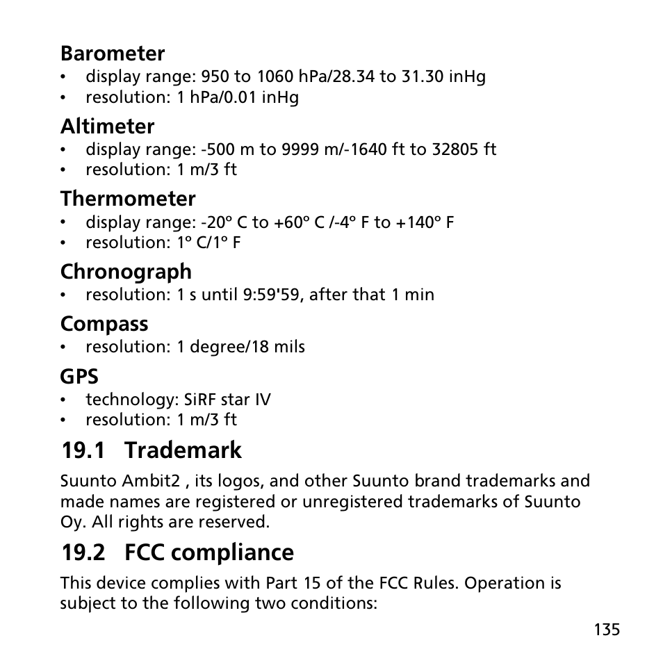 1 trademark, 2 fcc compliance, Barometer | Altimeter, Thermometer, Chronograph, Compass | SUUNTO AMBIT2 R User Guide User Manual | Page 135 / 145