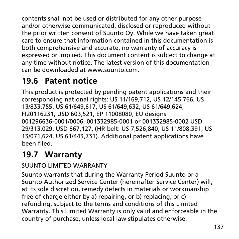 6 patent notice, 7 warranty | SUUNTO AMBIT2 R User Guide User Manual | Page 137 / 145