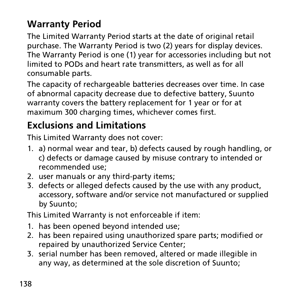 Warranty period, Exclusions and limitations | SUUNTO AMBIT2 R User Guide User Manual | Page 138 / 145