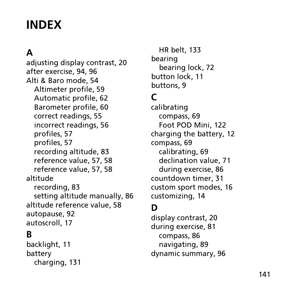 Index | SUUNTO AMBIT2 R User Guide User Manual | Page 141 / 145