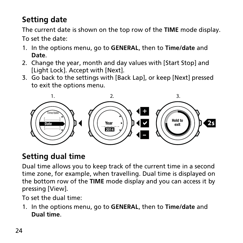 Setting date, Setting dual time | SUUNTO AMBIT2 R User Guide User Manual | Page 24 / 145