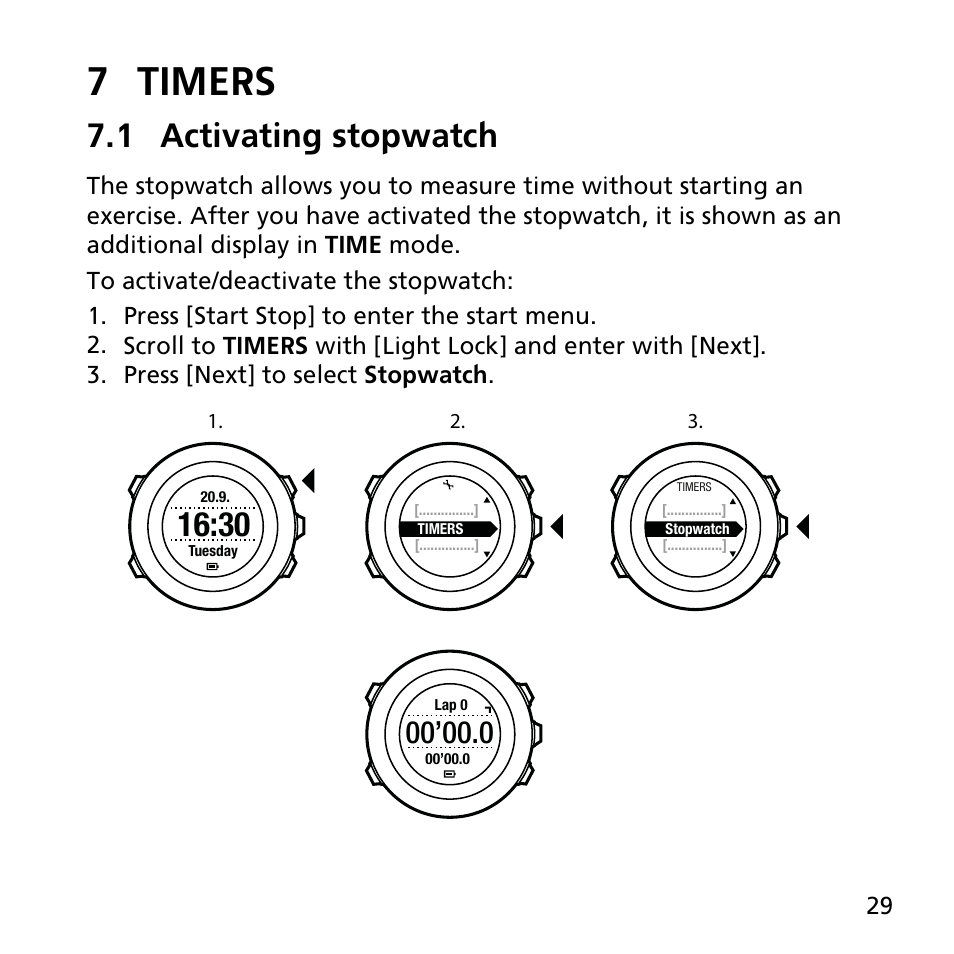 7 timers, 1 activating stopwatch | SUUNTO AMBIT2 R User Guide User Manual | Page 29 / 145