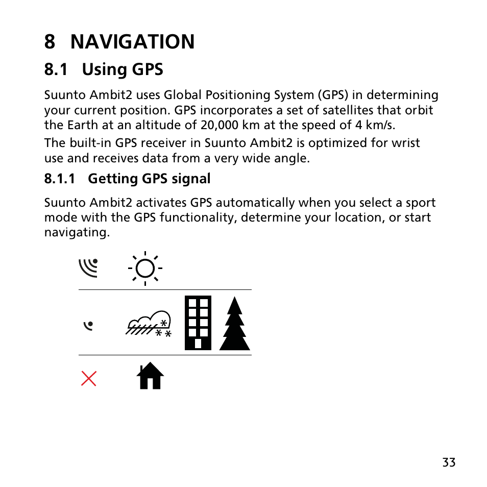 8 navigation, 1 using gps, 1 getting gps signal | SUUNTO AMBIT2 R User Guide User Manual | Page 33 / 145