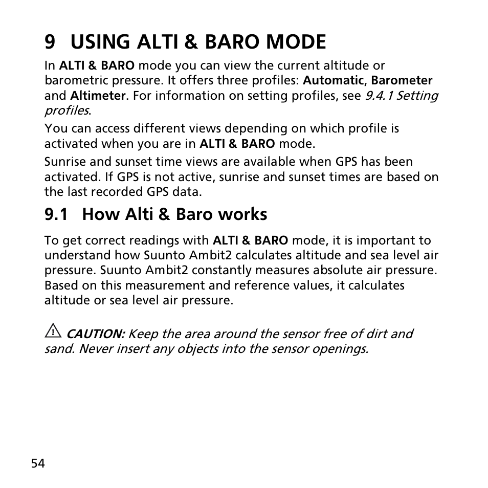 9 using alti & baro mode, 1 how alti & baro works | SUUNTO AMBIT2 R User Guide User Manual | Page 54 / 145