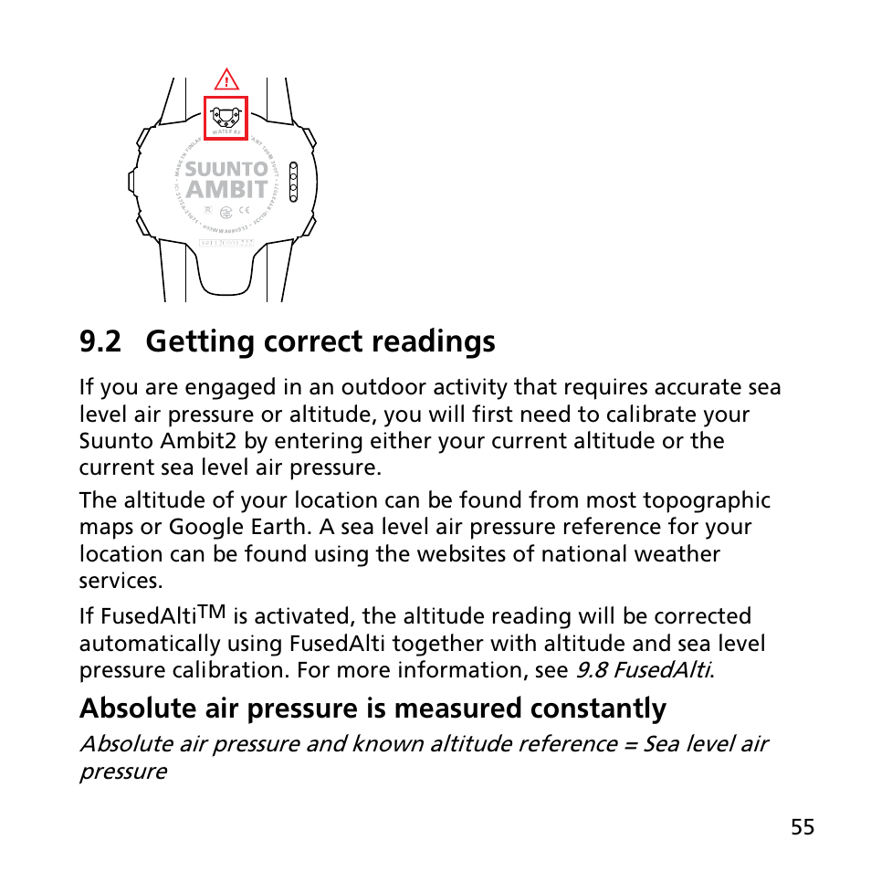 2 getting correct readings, Absolute air pressure is measured constantly | SUUNTO AMBIT2 R User Guide User Manual | Page 55 / 145