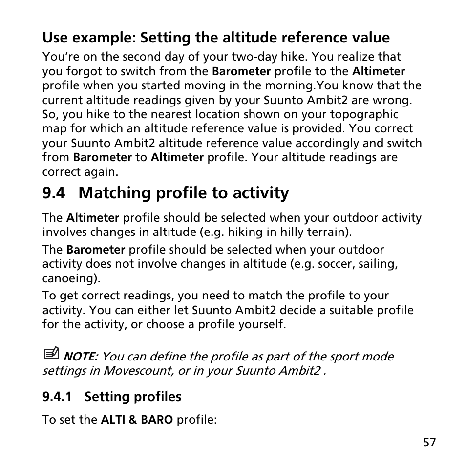 4 matching profile to activity, 1 setting profiles, Use example: setting the altitude reference value | SUUNTO AMBIT2 R User Guide User Manual | Page 57 / 145