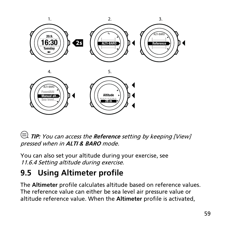 5 using altimeter profile, 4 setting altitude during exercise | SUUNTO AMBIT2 R User Guide User Manual | Page 59 / 145