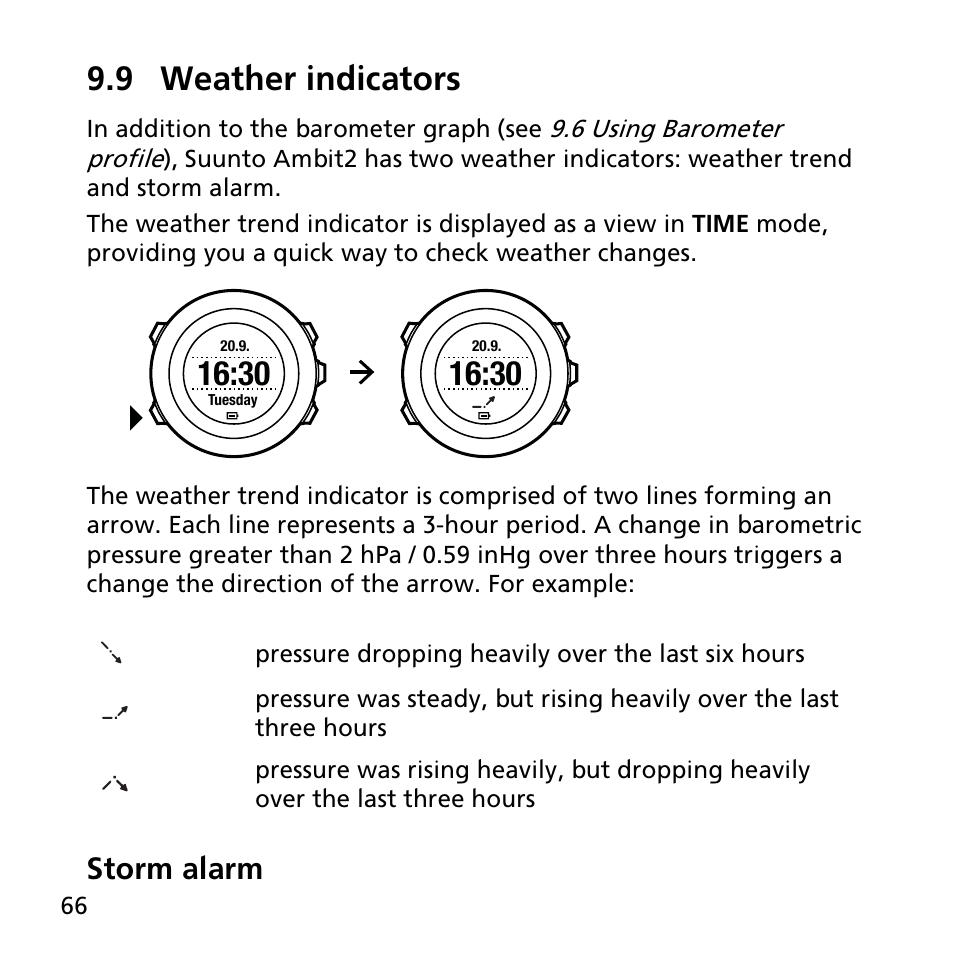 9 weather indicators, Storm alarm | SUUNTO AMBIT2 R User Guide User Manual | Page 66 / 145