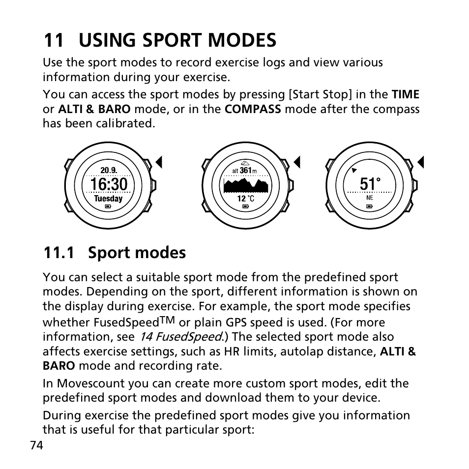 11 using sport modes, 1 sport modes | SUUNTO AMBIT2 R User Guide User Manual | Page 74 / 145