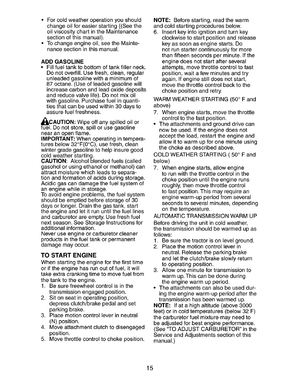 To start engine | Craftsman 917.273401 User Manual | Page 15 / 56