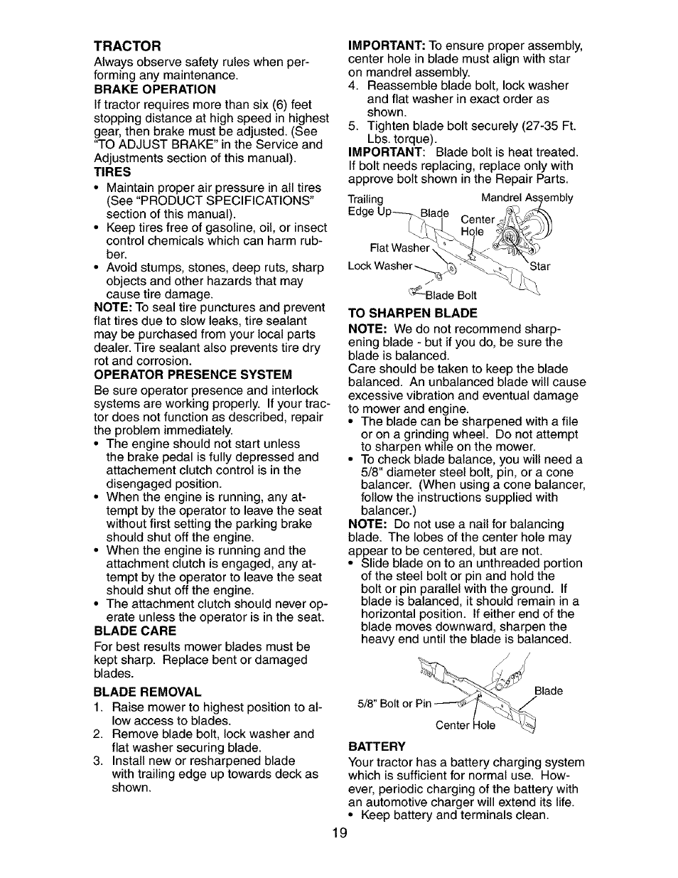 Tractor, Operator presence system, Blade care | Blade removal, Battery | Craftsman 917.273401 User Manual | Page 19 / 56