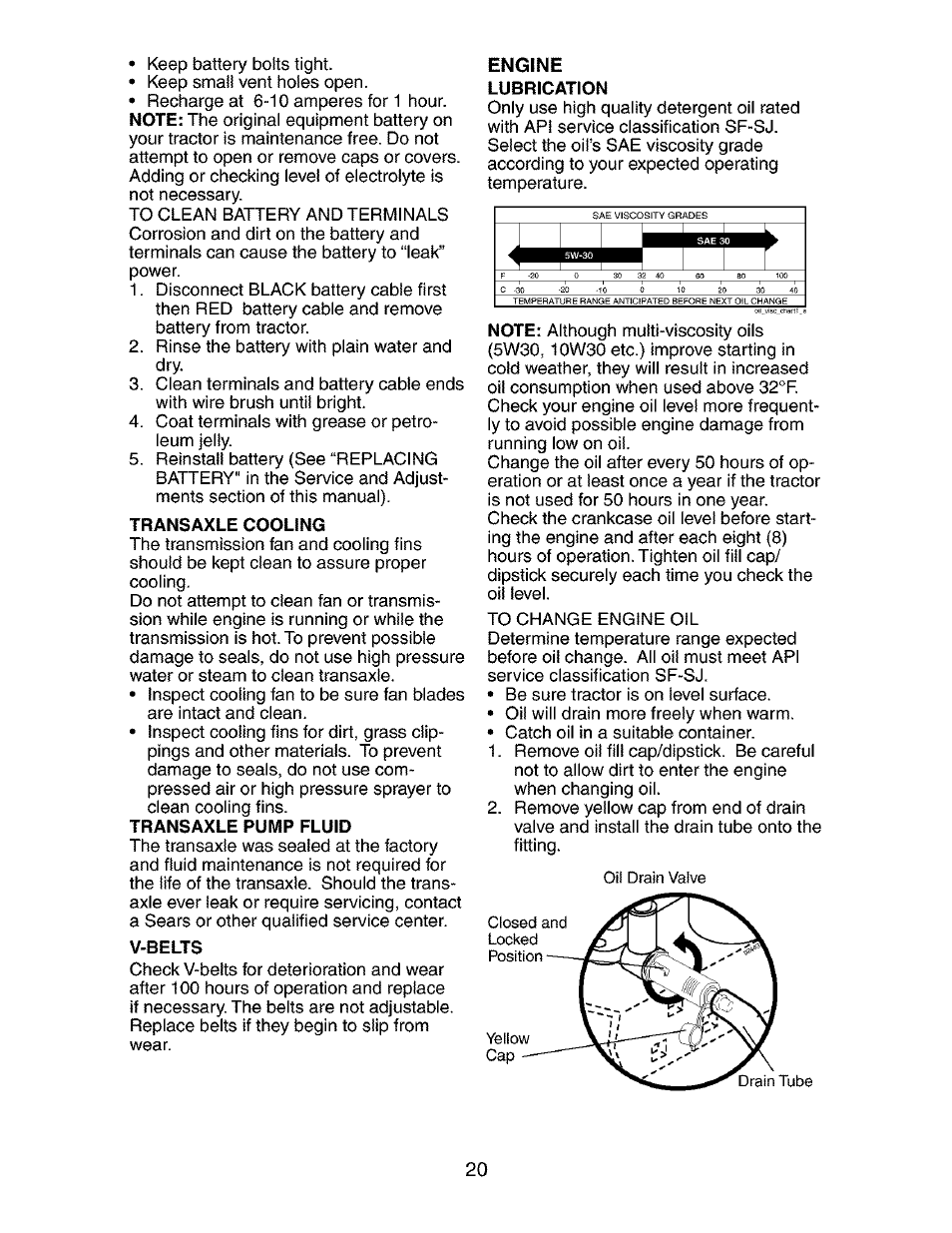 Transaxle cooling, V-belts, Engine | Lubrication | Craftsman 917.273401 User Manual | Page 20 / 56