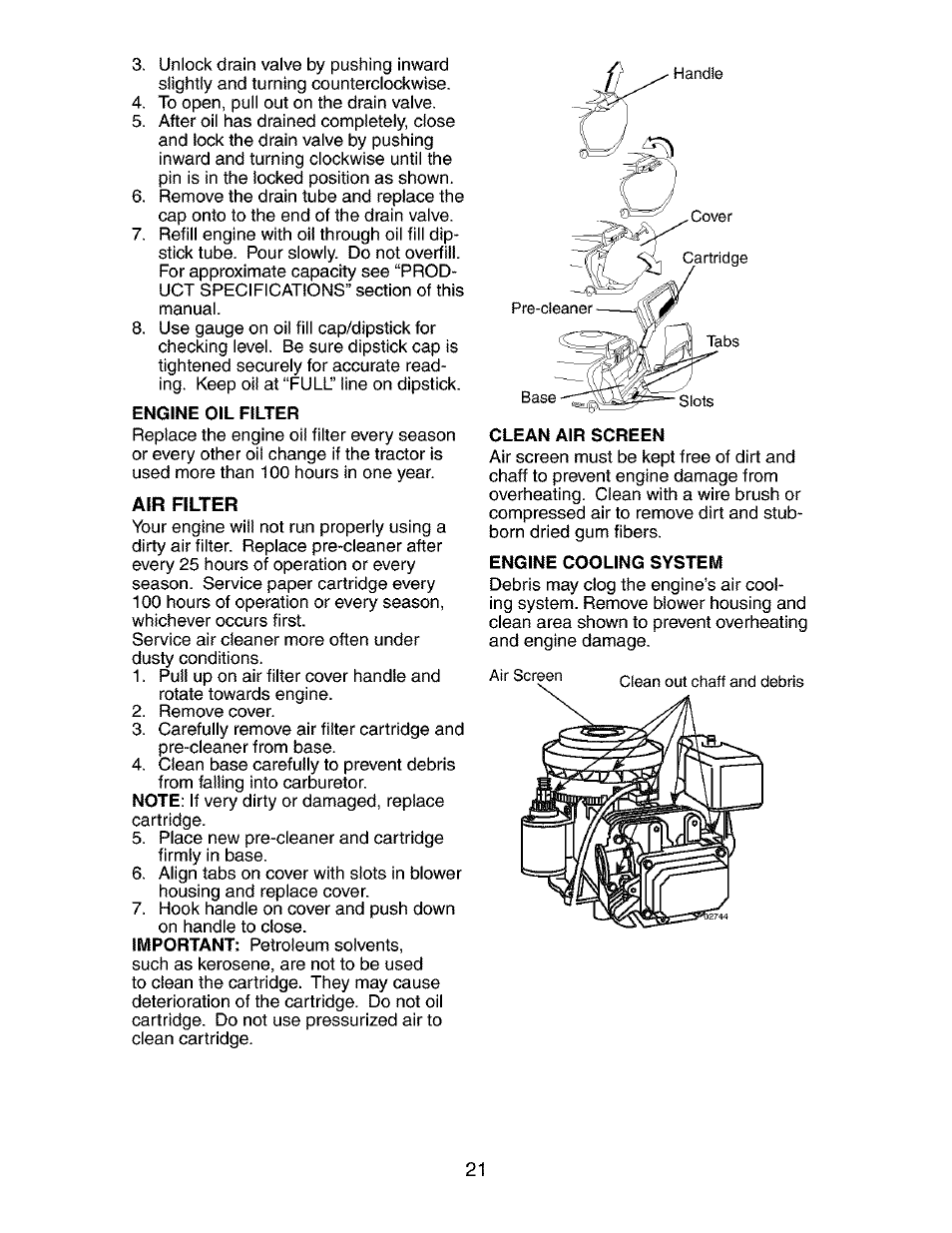 Engine oil filter, Clean air screen, Engine cooling system | Craftsman 917.273401 User Manual | Page 21 / 56